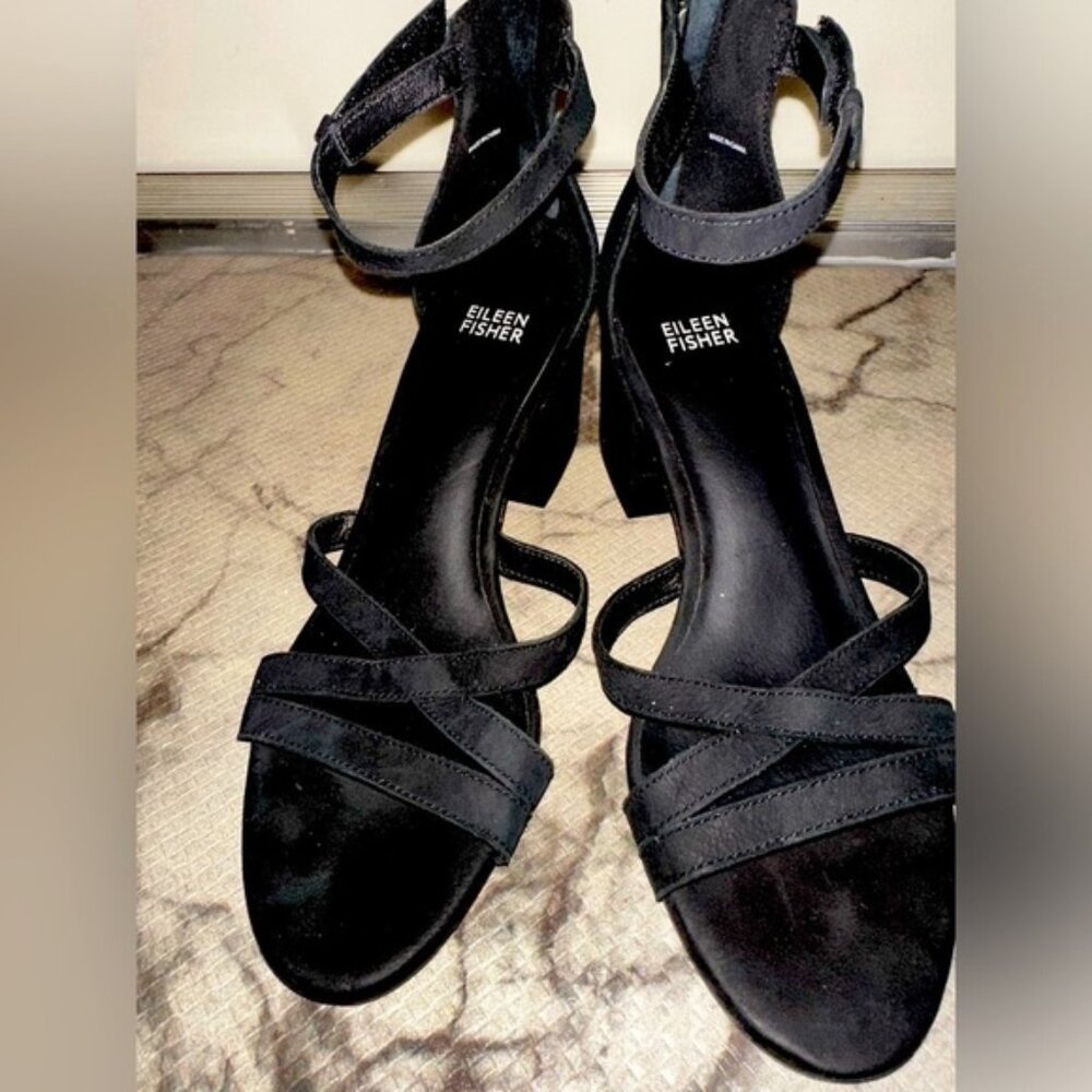 Eileen Fisher women’s noni black leather strappy block heel 8.5 formal party